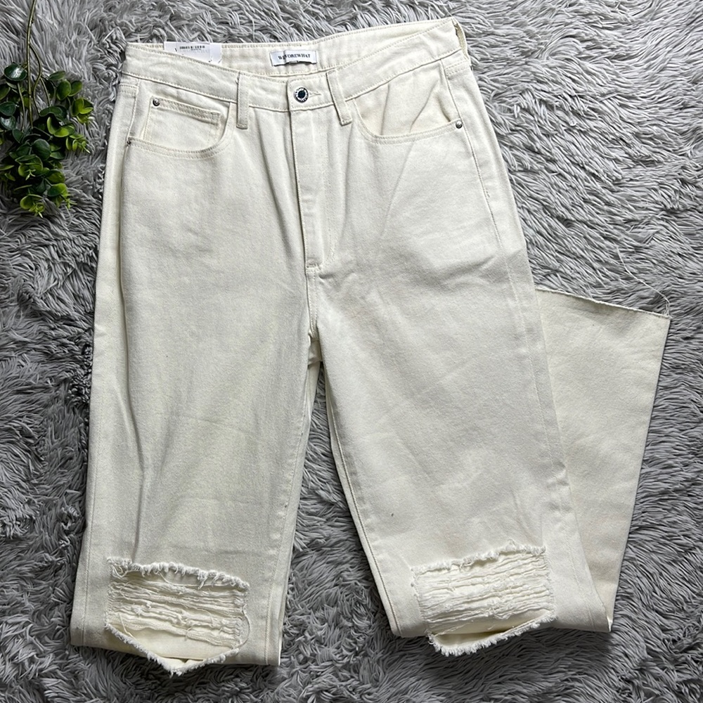 NWT we wore what Distressed cream High Waist Fray Hem Dad Jeans size 29